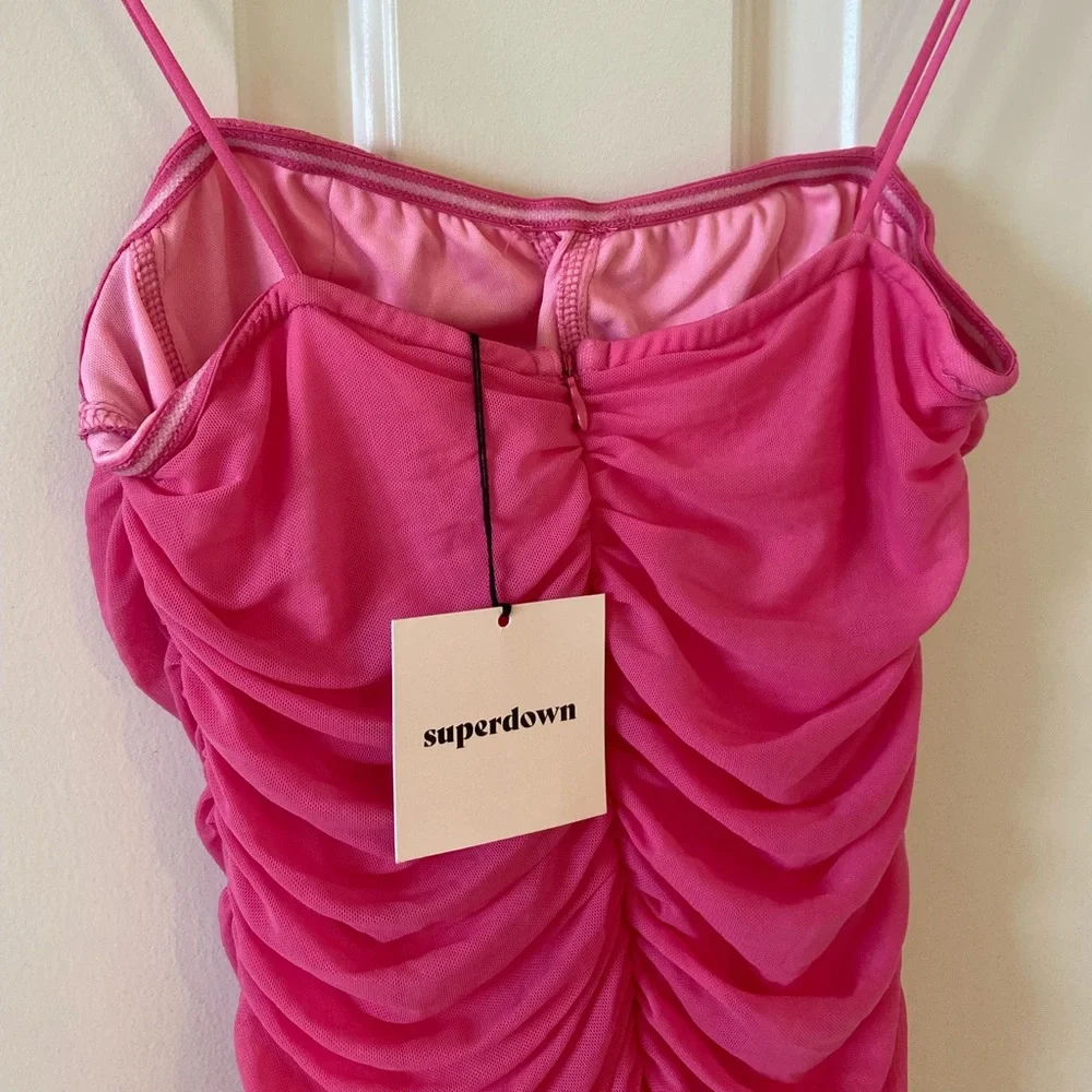 NWT Superdown Emmie Mesh Mini Dress Hot Pink Ruched Mesh Bodycon Revolve Sz M - Picture 5 of 10